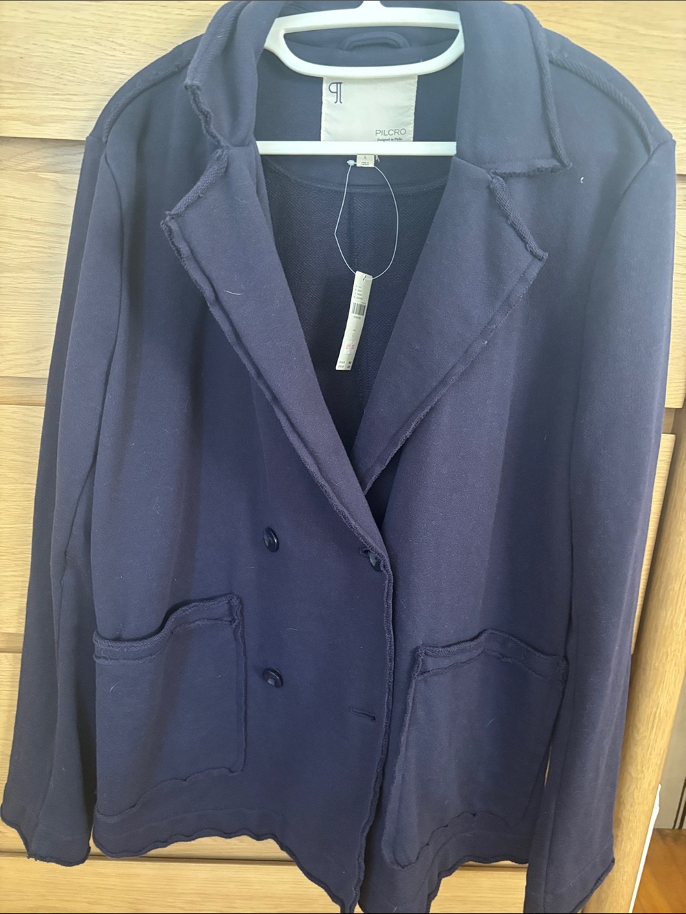 Anthropologie Pilcro Navy Double-Breasted Blazer with Raw-Edge Details